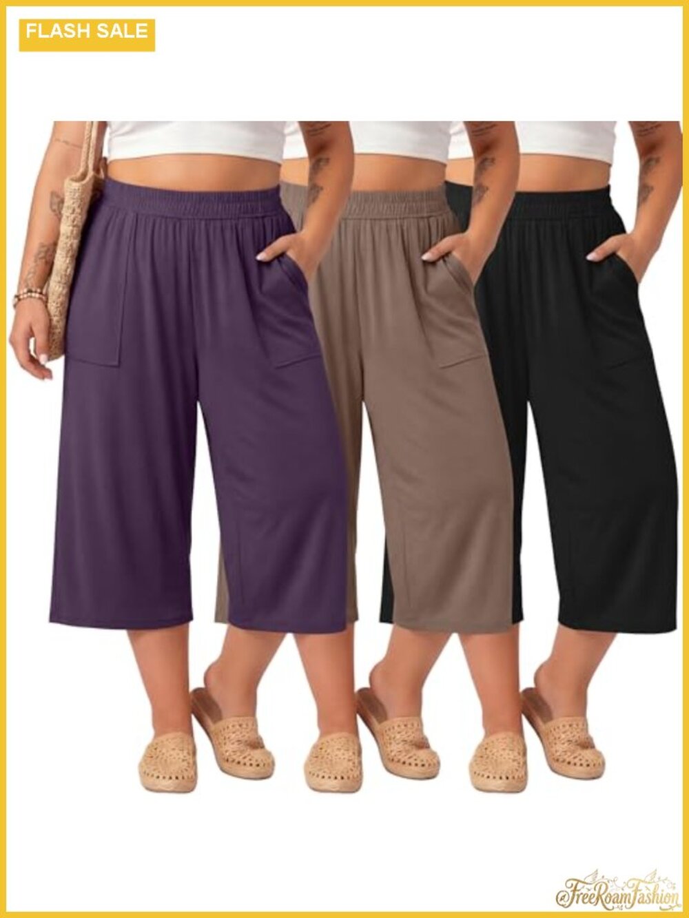 Women's Plus Size Cotton Spandex Capri Pants 3 Pack High Rise Wide Leg
